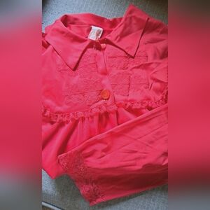 Vintage Gorgeous Texsheen Lingerie Red Robe Nylon Lace Button Front Retro S-M